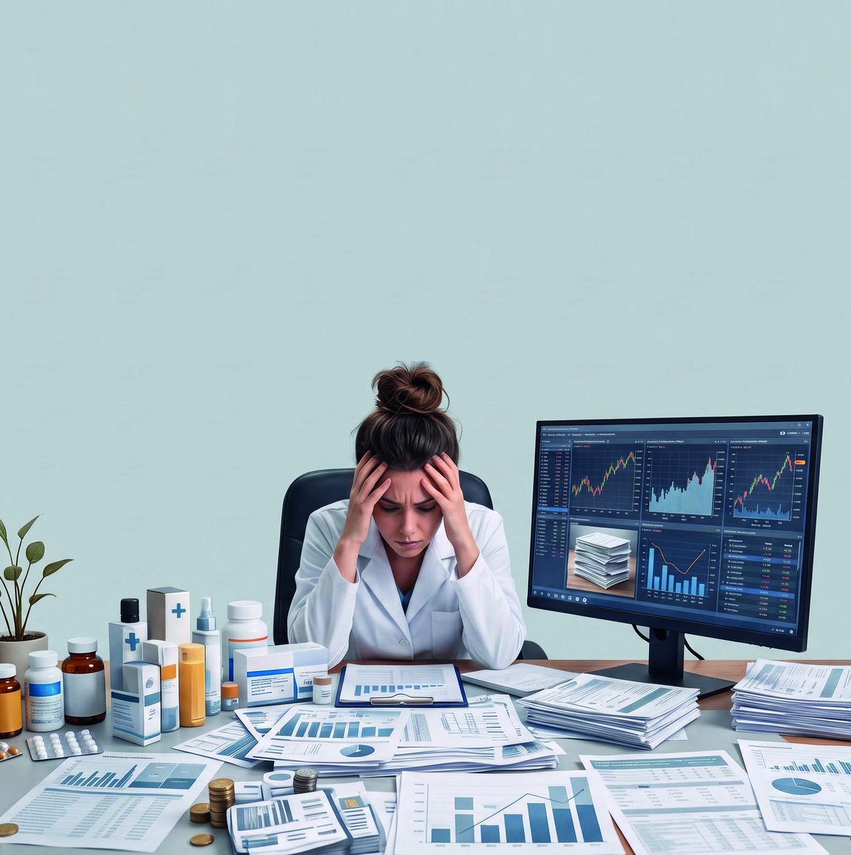Farmacista con le mani tra i capelli, davanti a una scrivania piena di scatole, fogli di analisi e un monitor con grafici: troppi prodotti, troppi dati, tante opportunità.