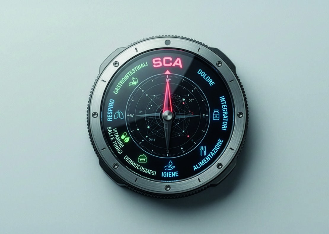 Quadrante stile smartwatch con la scritta SCA al centro e le categorie merceologiche della farmacia intorno.